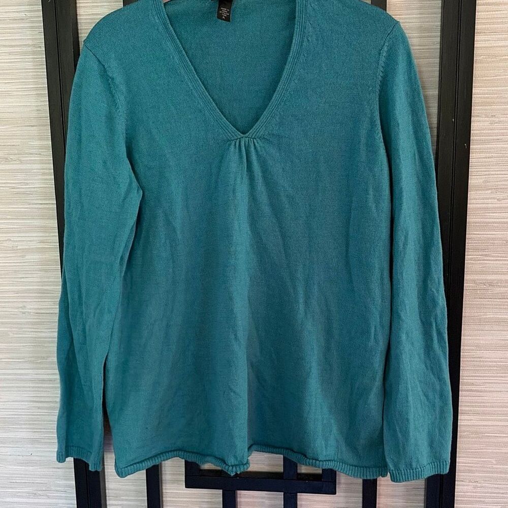 Eileen Fisher turquoise 100% Marino wool V-neck sweater size pal